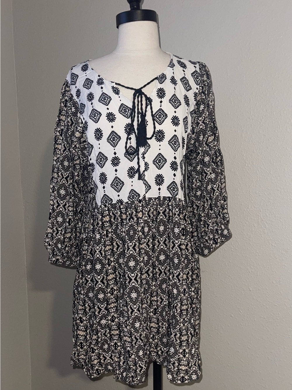 Boho Black & White Printed Peasant Dress